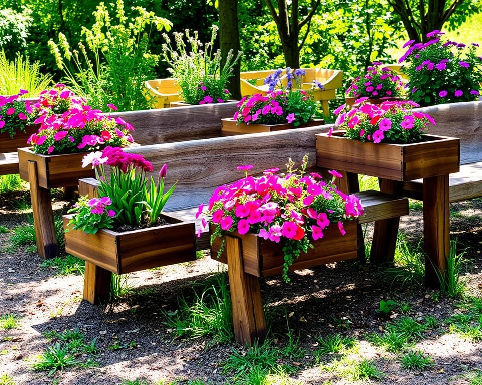 Holzbänke mit integrierten Blumenkästen: Praktisch und dekorativ