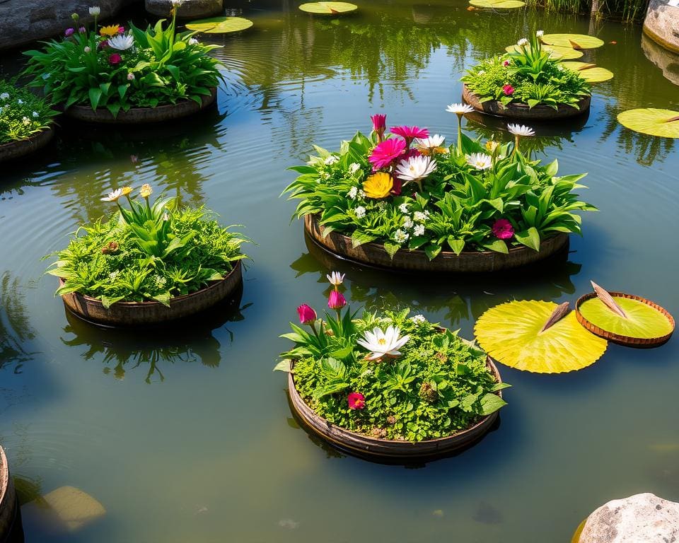 Schwimmende Pflanzeninseln im Gartenteich