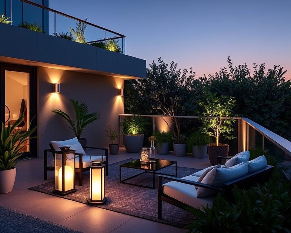 Stilvolle Designs von solarbetriebenen Lichtern auf einer Terrasse