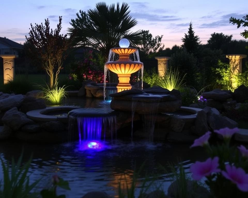 beleuchtetes Wasserspiel für Garten mit LED Beleuchtung